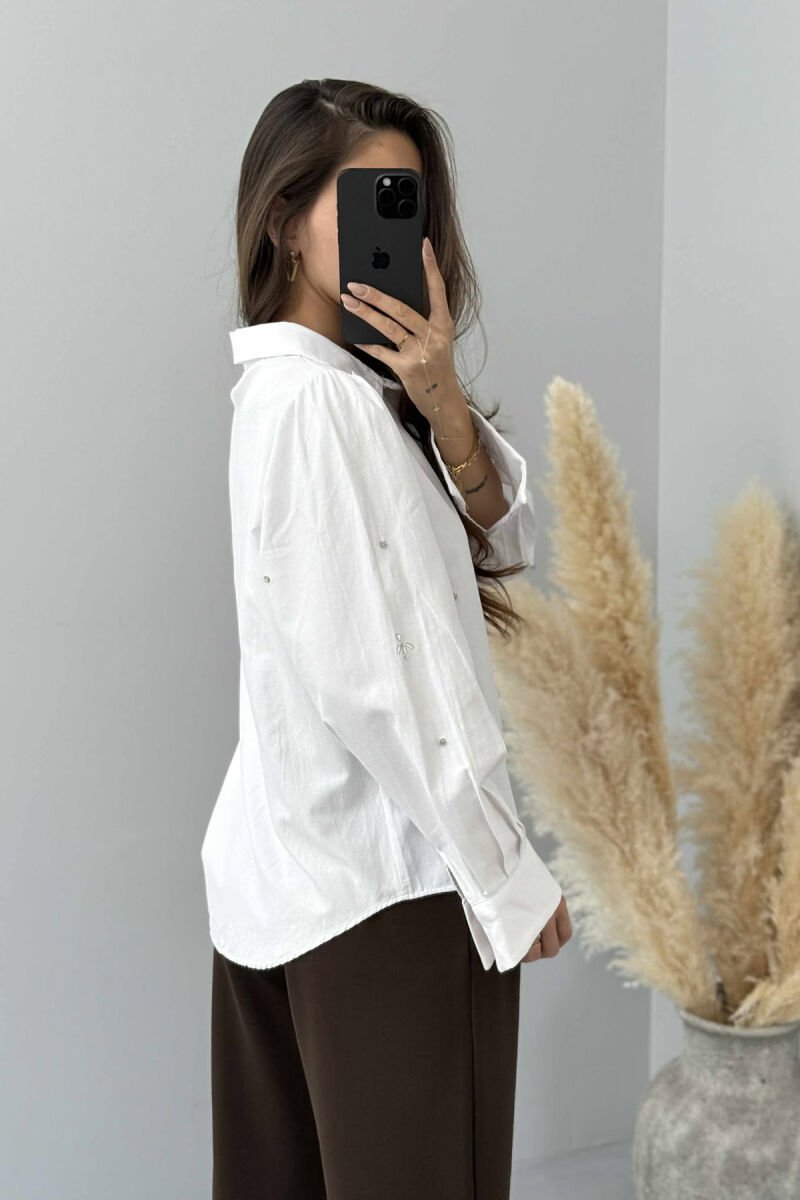 SHINY STONES DETAIL ONE COLOR WOMEN SHIRT WHITE-E BARDHE - 5