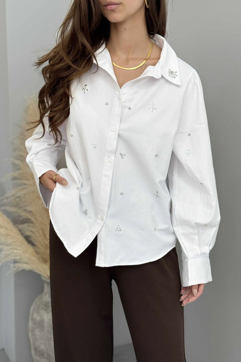 SHINY STONES DETAIL ONE COLOR WOMEN SHIRT WHITE-E BARDHE - 6