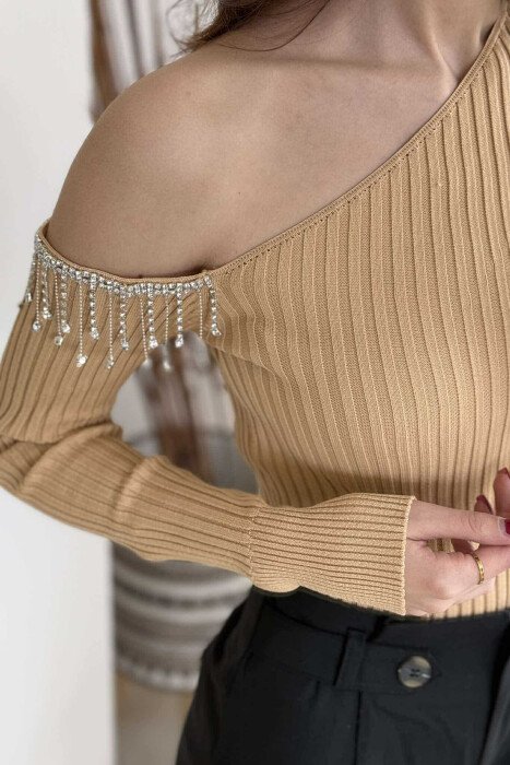 SHINY STONES DETAIL ONE COLOR WOMEN SWEATER BEIGE/BEZHE - 3