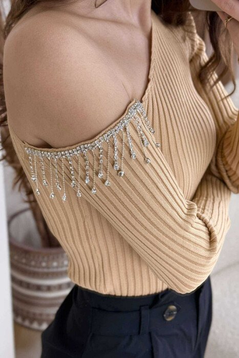 SHINY STONES DETAIL ONE COLOR WOMEN SWEATER BEIGE/BEZHE - 4