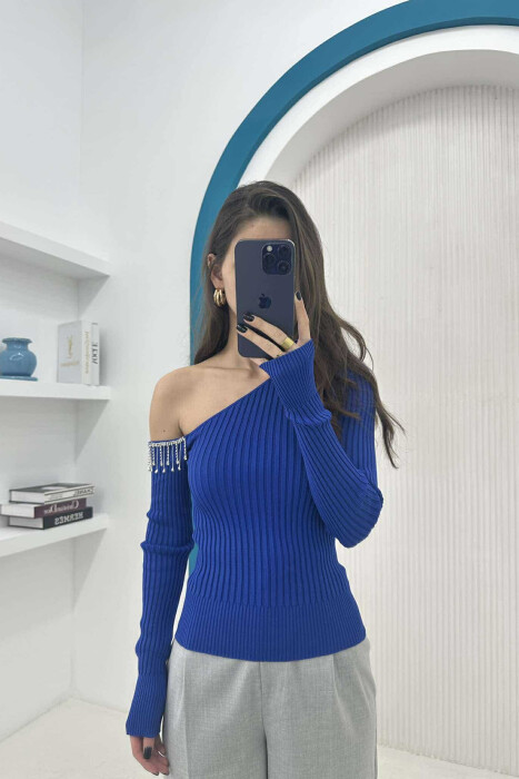 SHINY STONES DETAIL ONE COLOR WOMEN SWEATER BLUE/BLU - 3