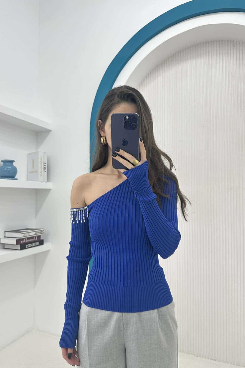 SHINY STONES DETAIL ONE COLOR WOMEN SWEATER BLUE/BLU - 3