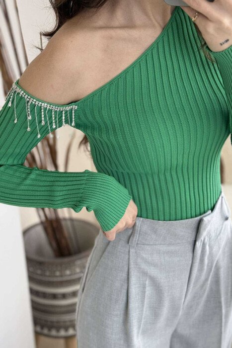 SHINY STONES DETAIL ONE COLOR WOMEN SWEATER GREEN/JESHILE - 3