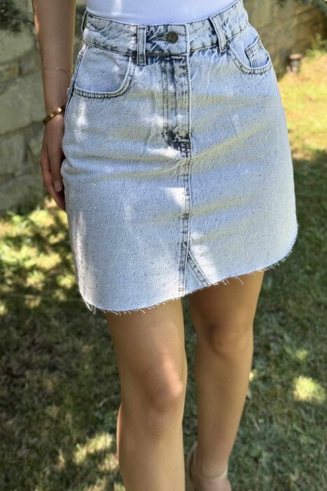SHINY STONES DETAIL SHORT DENIM WOMEN SKIRT LIGHTBLUE/BZ - KLAUDIO FASHION
