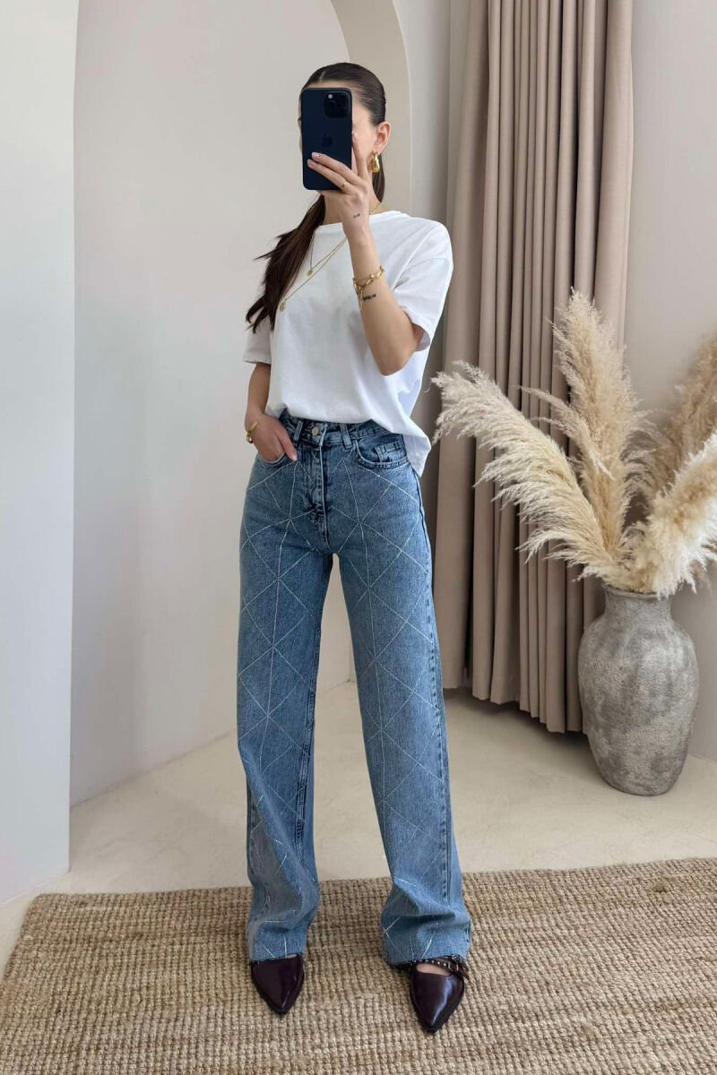 SHINY STONES DETAIL WIDE LEG WOMEN JEANS BLUE/BLU - 3