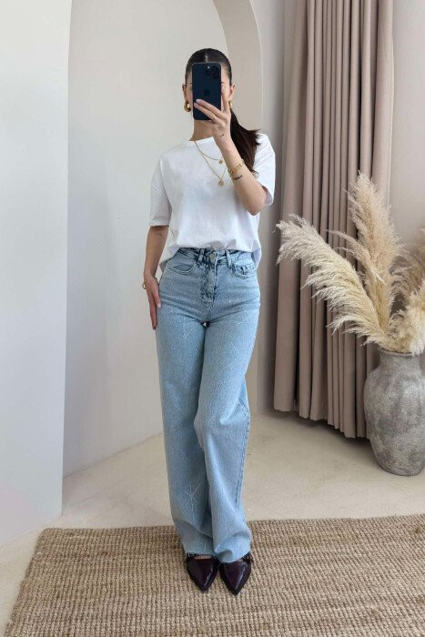 SHINY STONES DETAIL WIDE LEG WOMEN JEANS LIGHTBLUE/BZ - 2