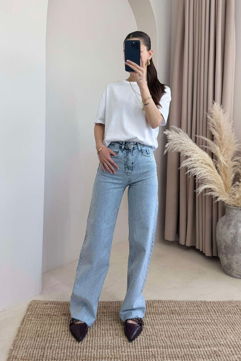 SHINY STONES DETAIL WIDE LEG WOMEN JEANS LIGHTBLUE/BZ - 3