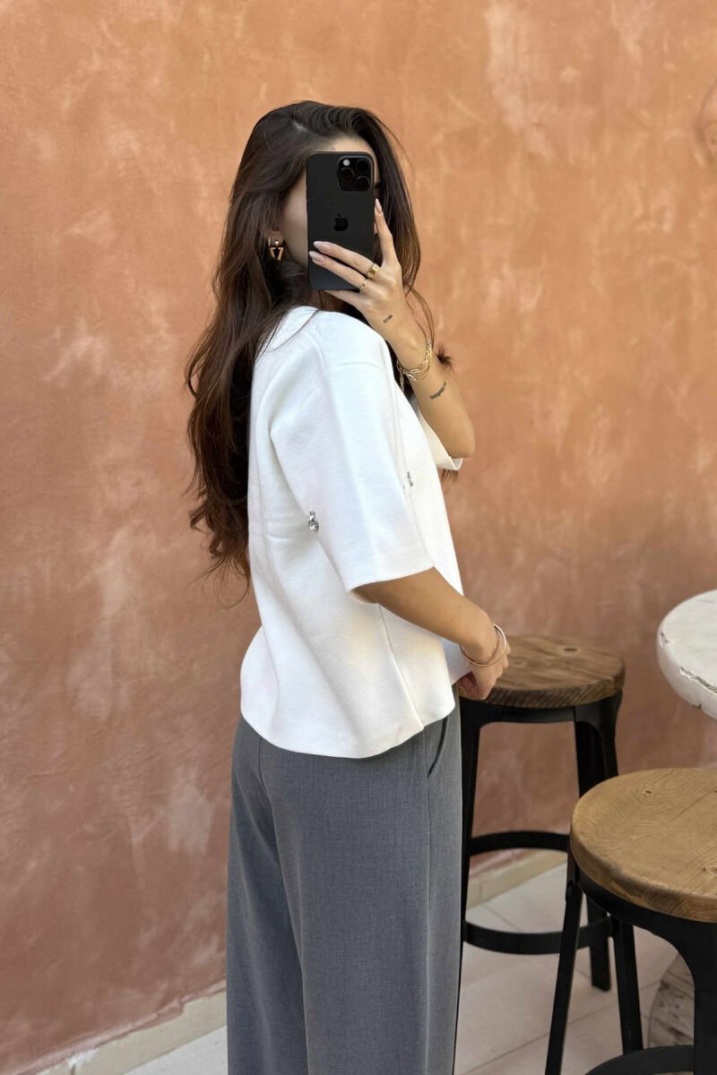 SHINY STONES DETAILS SHORT SLEEVES WOMEN SWEATER WHITE-E BARDHE - 3