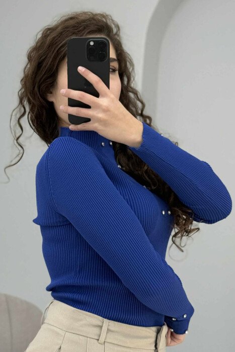 SHINY STONES ONE COLOR WOMEN SWEATER BLUE/BLU - 4