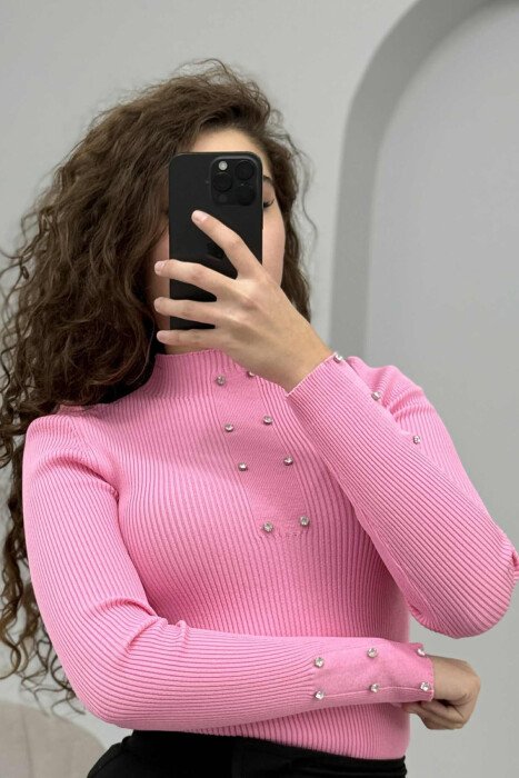 SHINY STONES ONE COLOR WOMEN SWEATER PINK/ROZE - 2