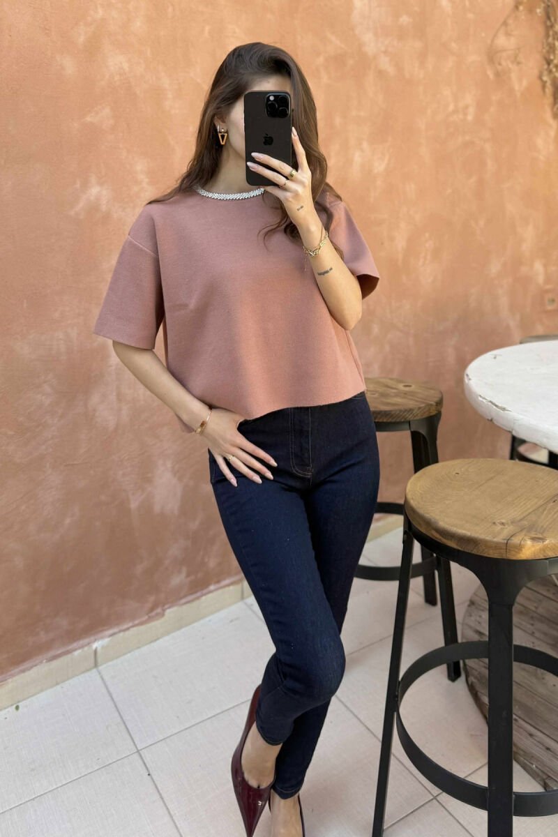 SHINY STONES SHORT SLEEVES WOMEN SWEATER BROWN/KAFE - 2
