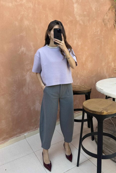 SHINY STONES SHORT SLEEVES WOMEN SWEATER LIGHT PURPLE/LEZB - KLAUDIO FASHION