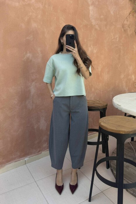 SHINY STONES SHORT SLEEVES WOMEN SWEATER MINT/MENTE - KLAUDIO FASHION