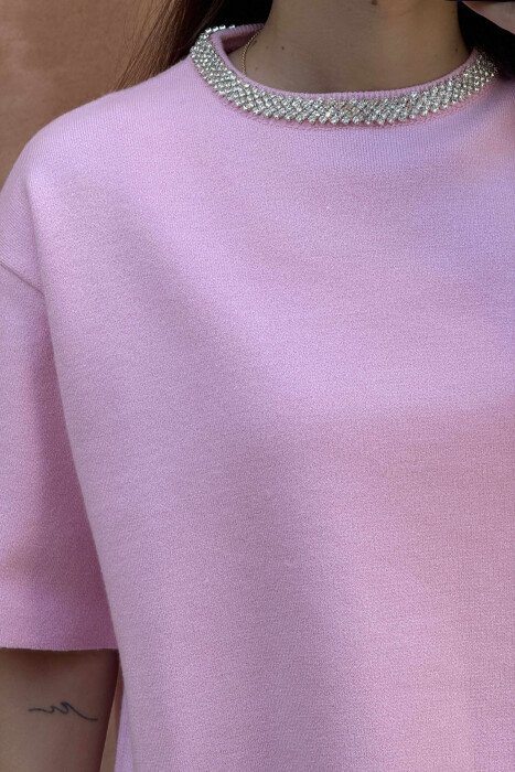 SHINY STONES SHORT SLEEVES WOMEN SWEATER PINK/ROZE - 3