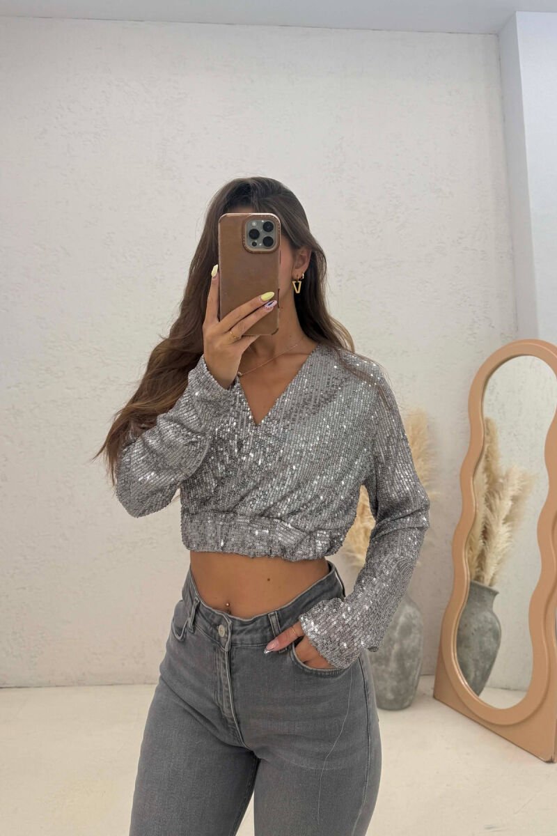 SHINY V NECK WOMAN CROP TOP SILVER/ARGJEND - 1