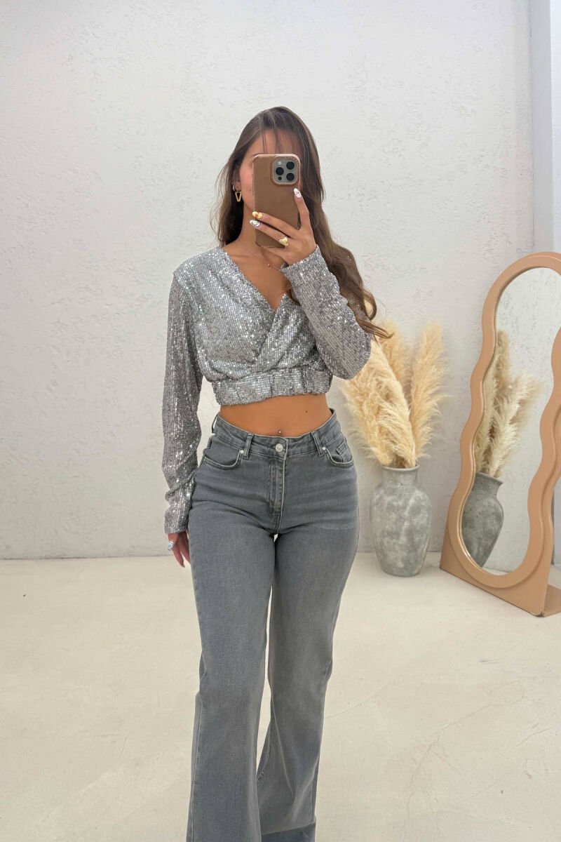 SHINY V NECK WOMAN CROP TOP SILVER/ARGJEND - 2