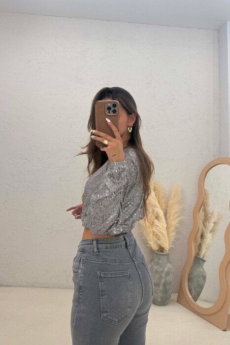 SHINY V NECK WOMAN CROP TOP SILVER/ARGJEND - 3