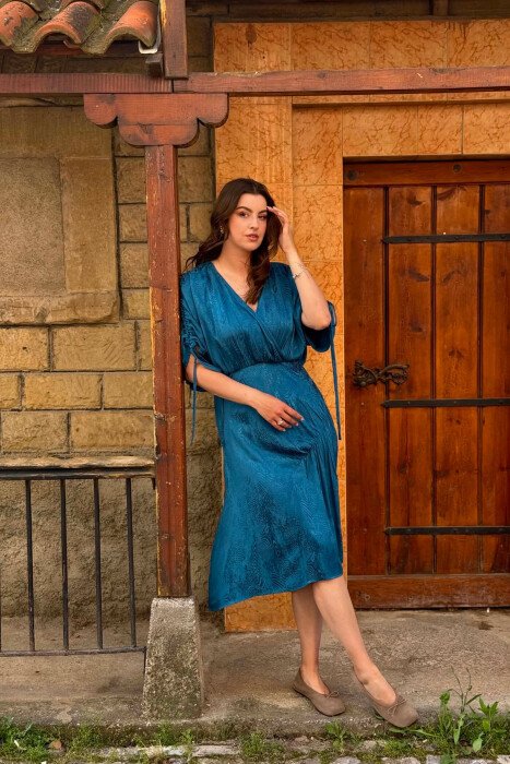 SHINY V-NECK WOMAN DRESS BLUE STONE/GK - KLAUDIO FASHION