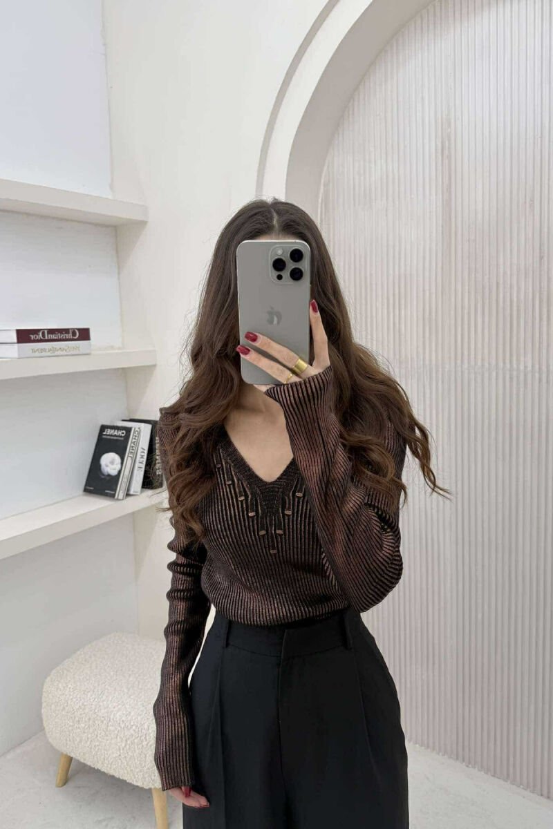 SHINY V NECK WOMEN SWEATER BRONX/BRONX - 1