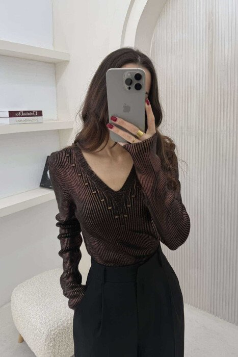 SHINY V NECK WOMEN SWEATER BRONX/BRONX - 2