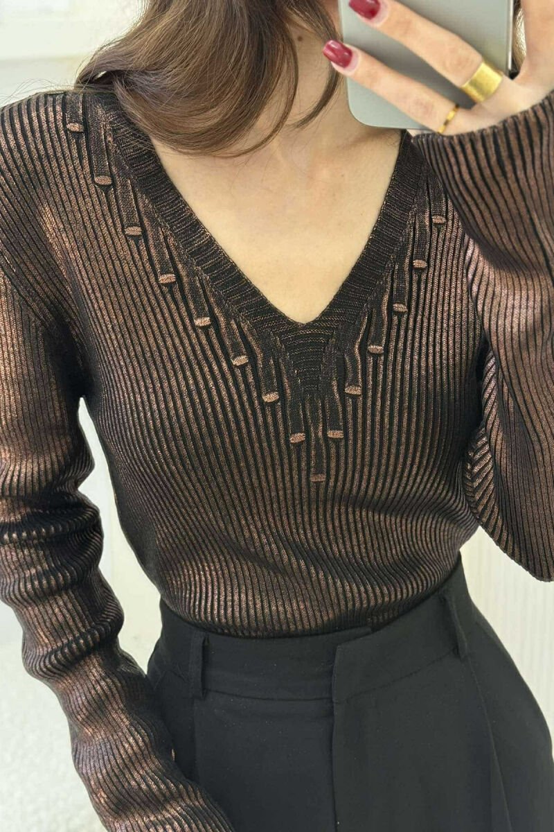 SHINY V NECK WOMEN SWEATER BRONX/BRONX - 3
