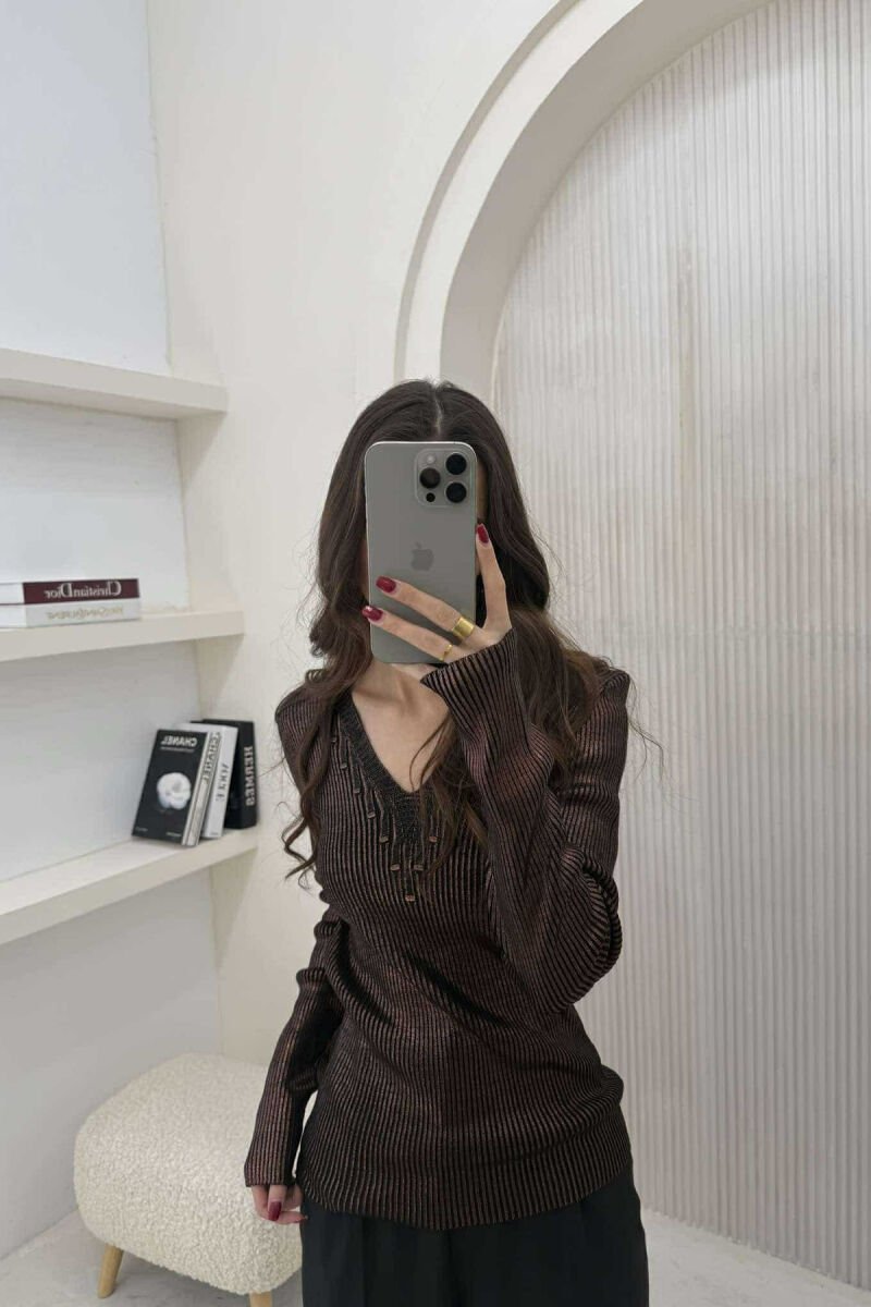 SHINY V NECK WOMEN SWEATER BRONX/BRONX - 4