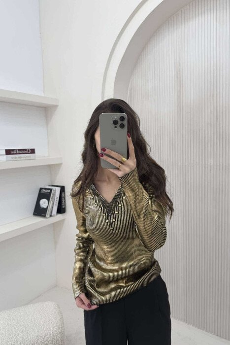 SHINY V NECK WOMEN SWEATER GOLDEN ROD/GOLD - 1