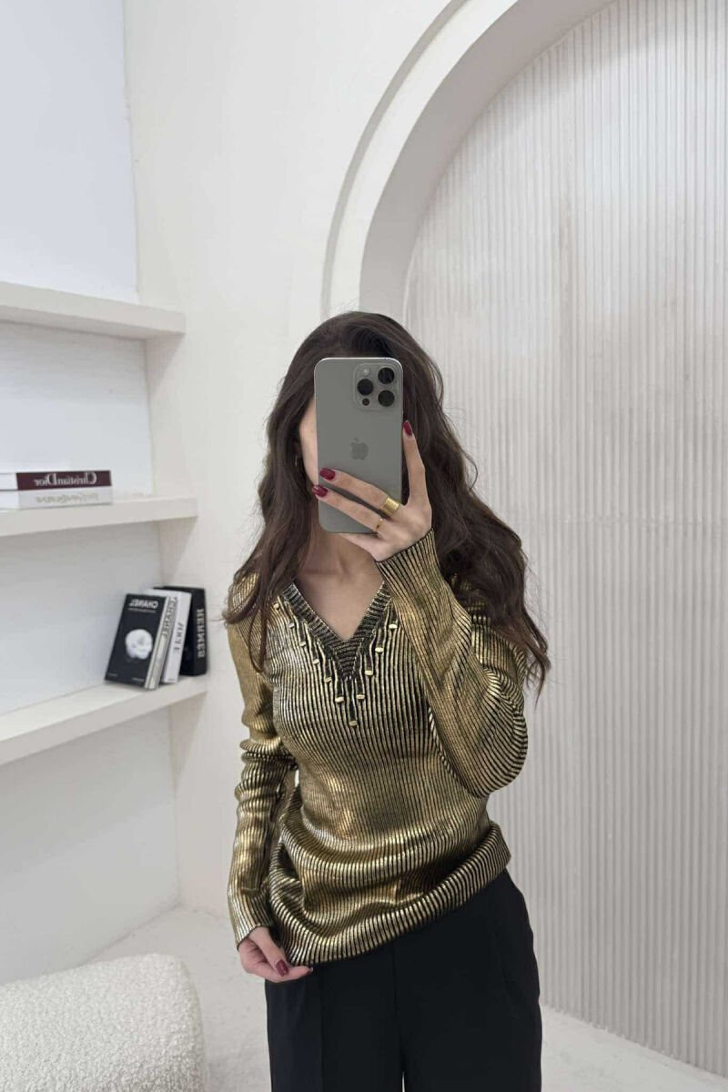 SHINY V NECK WOMEN SWEATER GOLDEN ROD/GOLD - 1