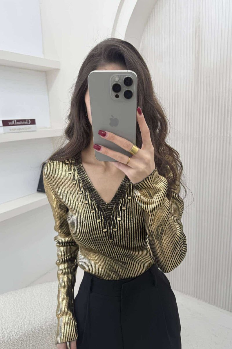 SHINY V NECK WOMEN SWEATER GOLDEN ROD/GOLD - 2