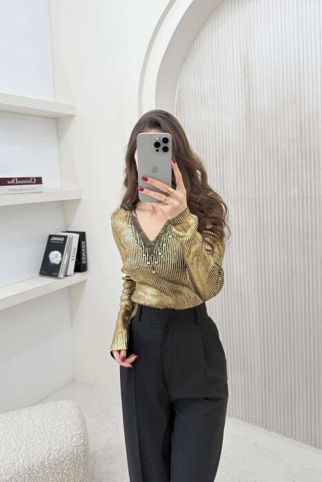 SHINY V NECK WOMEN SWEATER GOLDEN ROD/GOLD - 3