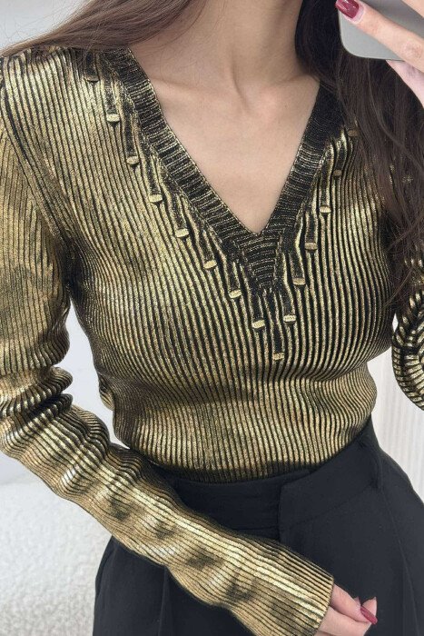 SHINY V NECK WOMEN SWEATER GOLDEN ROD/GOLD - 4