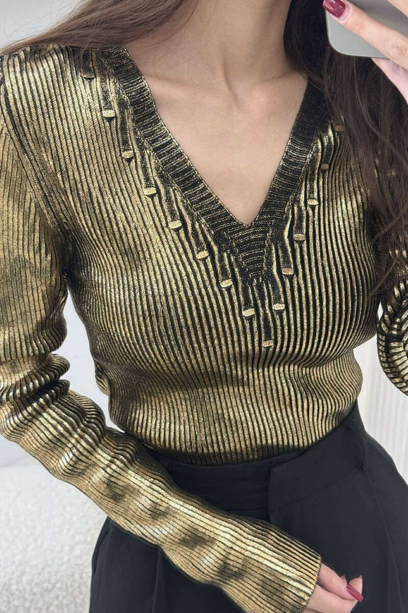 SHINY V NECK WOMEN SWEATER GOLDEN ROD/GOLD - 4