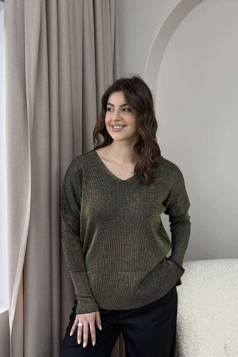 SHINY V NECK WOMEN SWEATER GOLDEN ROD/GOLD - 1