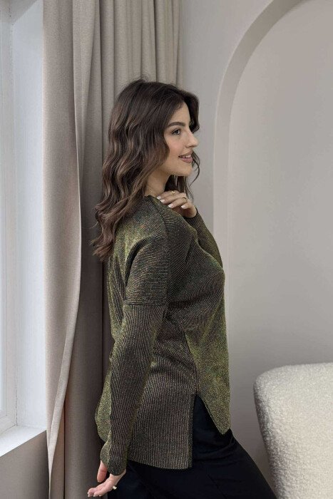 SHINY V NECK WOMEN SWEATER GOLDEN ROD/GOLD - 2