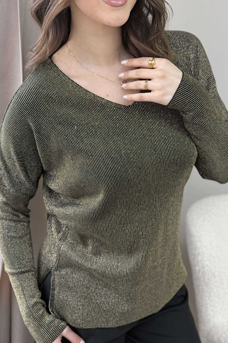 SHINY V NECK WOMEN SWEATER GOLDEN ROD/GOLD - 3