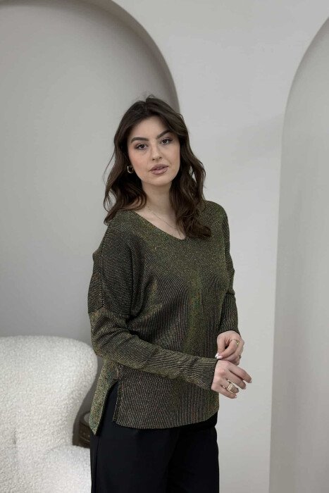 SHINY V NECK WOMEN SWEATER GOLDEN ROD/GOLD - 4