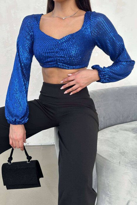 SHINY WOMEN CROP TOP BLUE/BLU - KLAUDIO FASHION