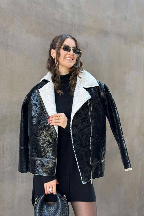 SHINY WOMEN JACKET BLACK-WHITE/ZEBA - KLAUDIO FASHION