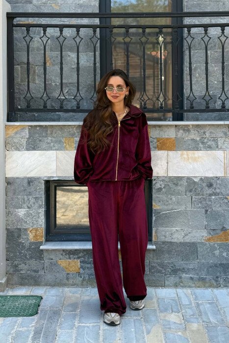 SHINY ZIPPER JACKET + SWEATPANTS WOMANN SET BURGUNDY/VISHNJE 