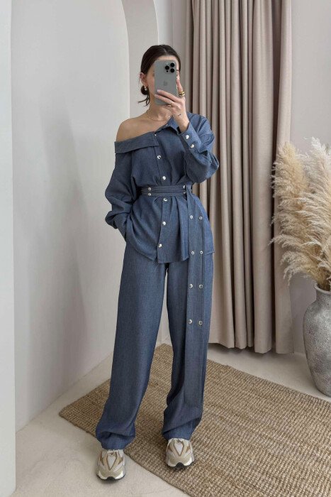 SHIRT+TROUSERS LACING ELASTIC WAIST WOMEN SET LIGHTBLUE/BZ - KLAUDIO FASHION
