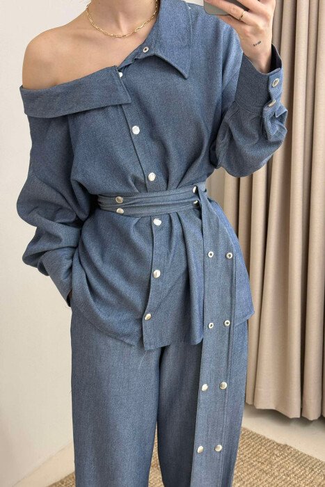 SHIRT+TROUSERS LACING ELASTIC WAIST WOMEN SET LIGHTBLUE/BZ - 3