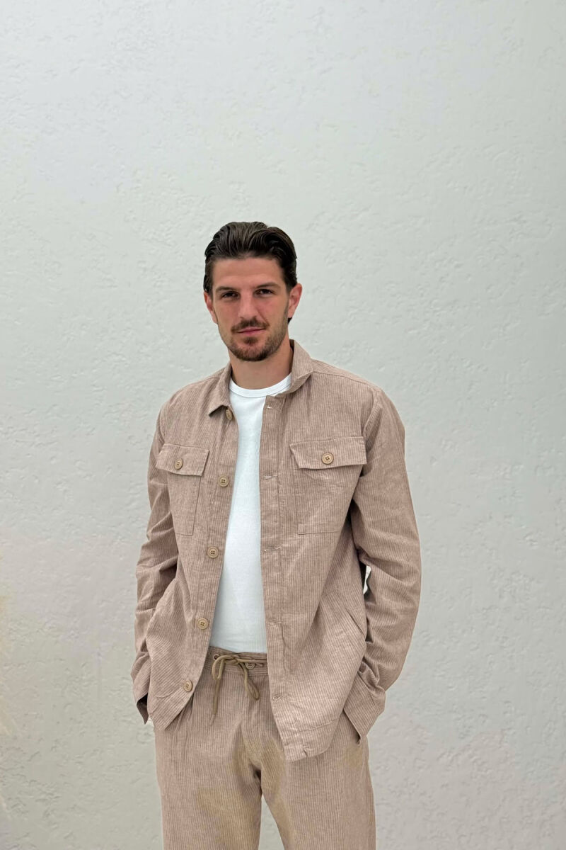 SHIRT+PANTS POCKETS STRIPED MEN SET BEIGE/BEZHE - 3