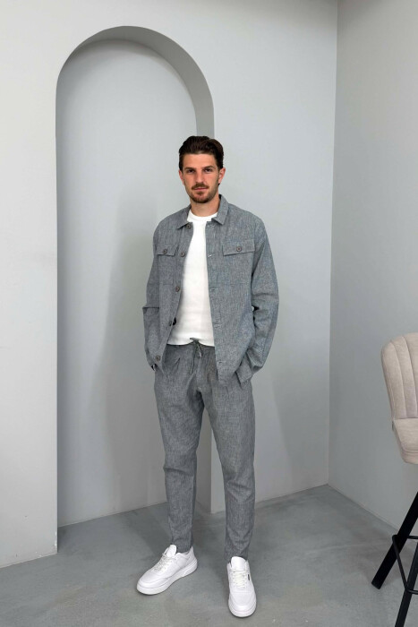 SET KËMISHË+PANTALLONA ME XHEPA DHE VIJA PËR MESHKUJ NË NGJYRË BLU TË ZBARDHUR - KLAUDIO FASHION