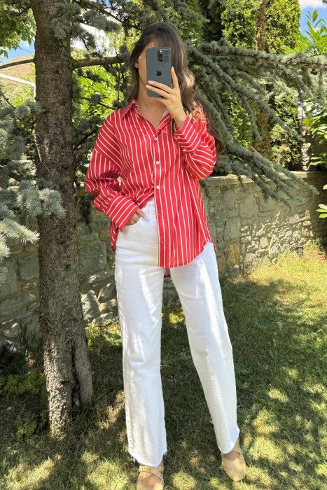SHIRTS WITH WHITE HORIZONTAL LINES WOMAN RED/E KUQE - KLAUDIO FASHION