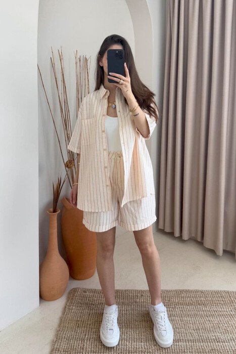 SET ME VIJA ME SHKËLQIM KËMISHË+PANTALLONATË SHKURTRA PËR FEMRA NË NGJYRËN KREM+PORTOKALLI - KLAUDIO FASHION