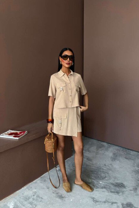SHIRT+SKORT POCKETS DETAIL WOMEN SET BEIGE/BEZHE - 1