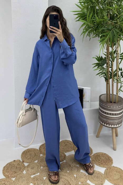 SHIRT+TROUSERS LACINGS ONE COLOR WOMEN SET BLUE/BLU - KLAUDIO FASHION