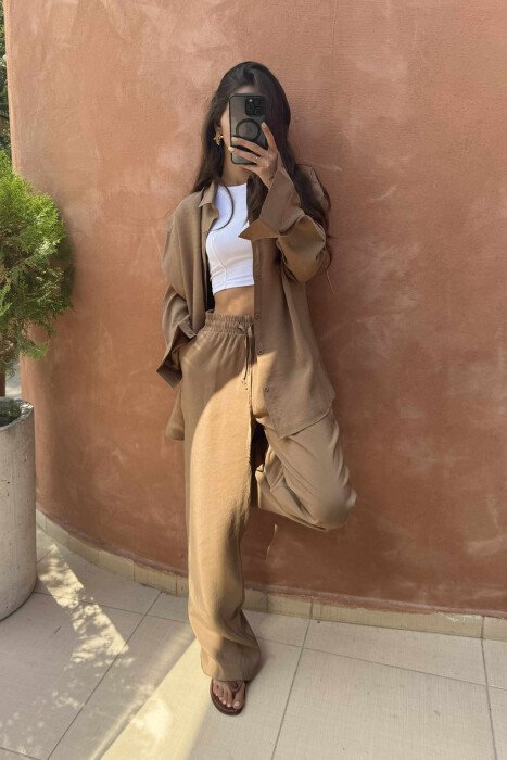 SHIRT+TROUSERS LACINGS ONE COLOR WOMEN SET BROWN/KAFE - KLAUDIO FASHION