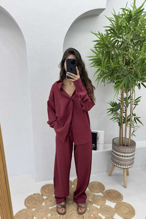 SET NJE NGJYRESH KEMISHE + PANTALLONA ME LIDHESE PER FEMRA NE NGJYRE VISHNJE - KLAUDIO FASHION