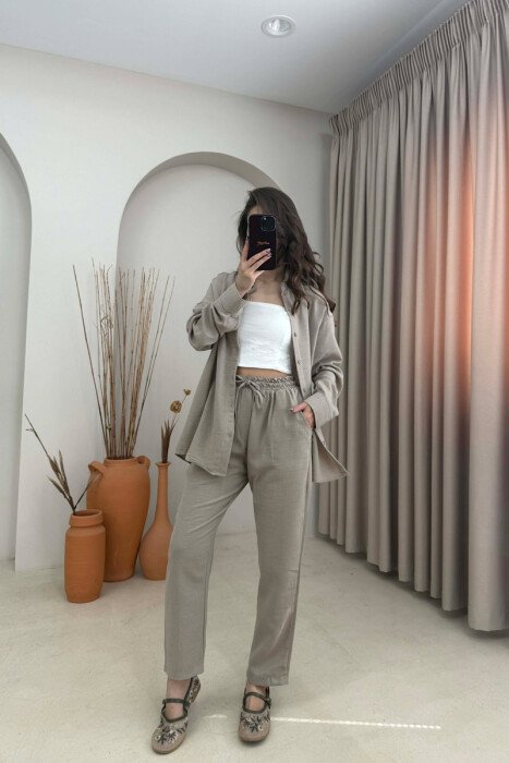 SHIRT+TROUSERS LACINGS ONE COLOR WOMEN SET DARK BEIGE/BEZHE ERRET - 1